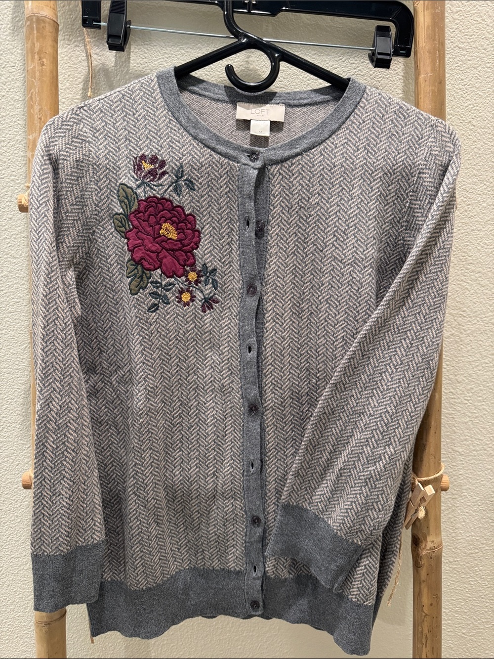 LOFT Gray Cardigan with Pink Floral Embroidery